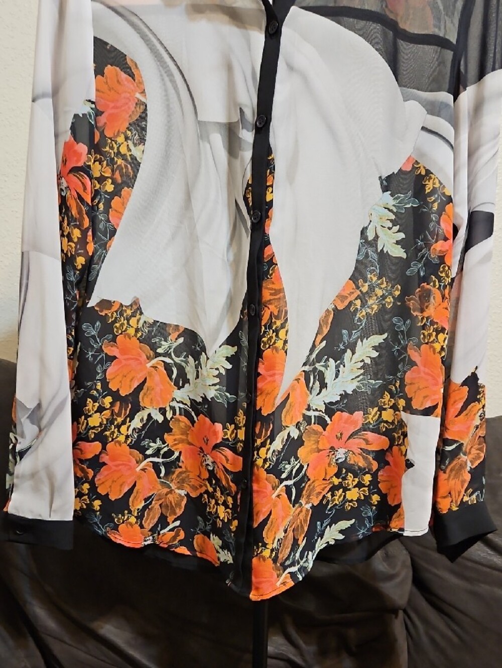 Clover Canyon Black White Blouse with Orange Floral Print - Picture 3 of 6